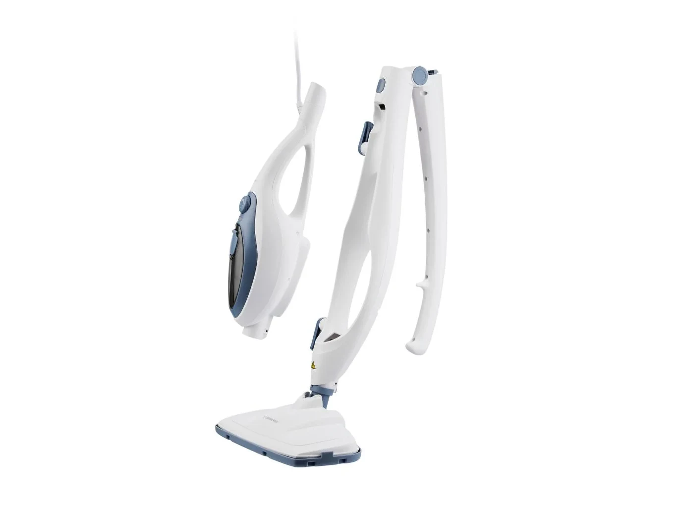 Mop parowy 2 w 1, 1500 W, SDM 1500 D4 Biały parowy mop elektryczny z podłużną rączką i zdejmowaną częścią ręczną, wyposażony w zbiornik na wodę oraz prostokątną głowicę czyszczącą.