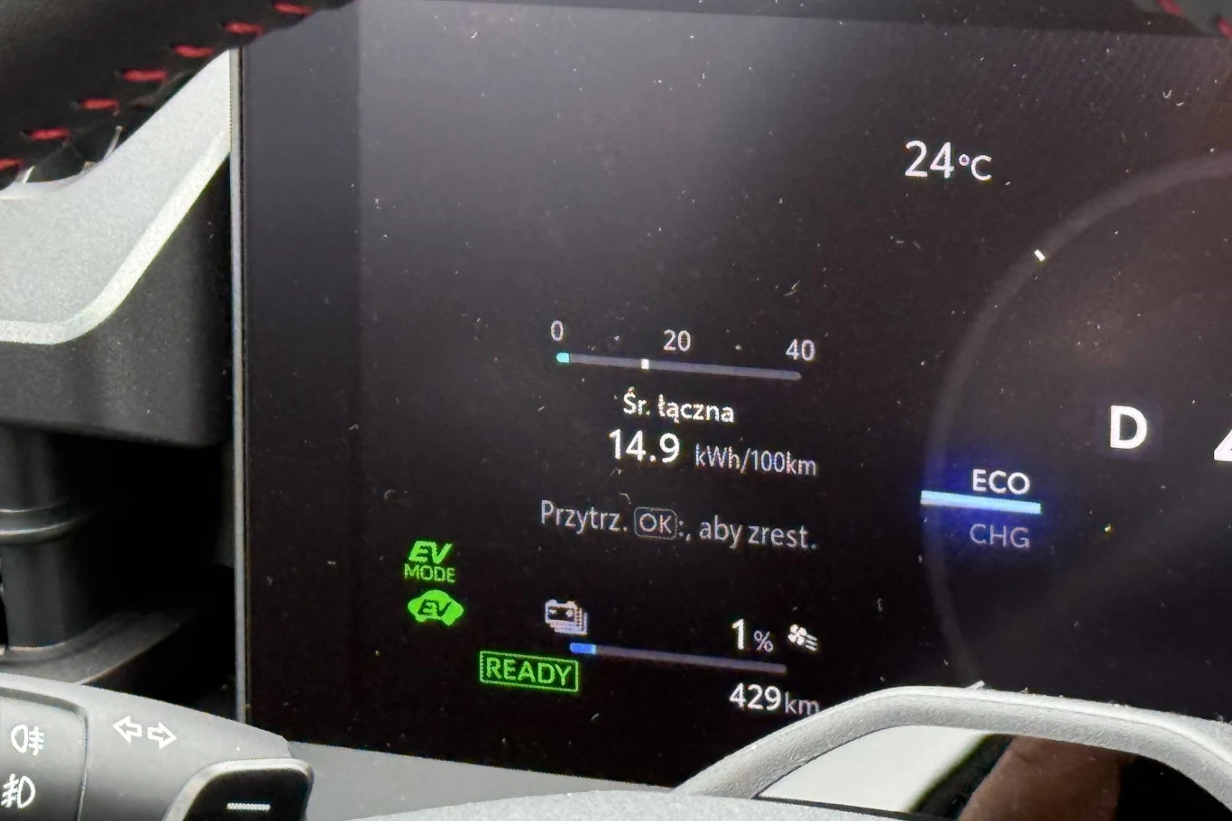 Cyfrowy wyświetlacz samochodu hybrydowego prezentuje aktualną temperaturę 24°C, średnie zużycie energii 14,9 kWh/100 km, tryb jazdy EV oraz niski poziom naładowania baterii wynoszący 1%, przy zasięgu 429 km.