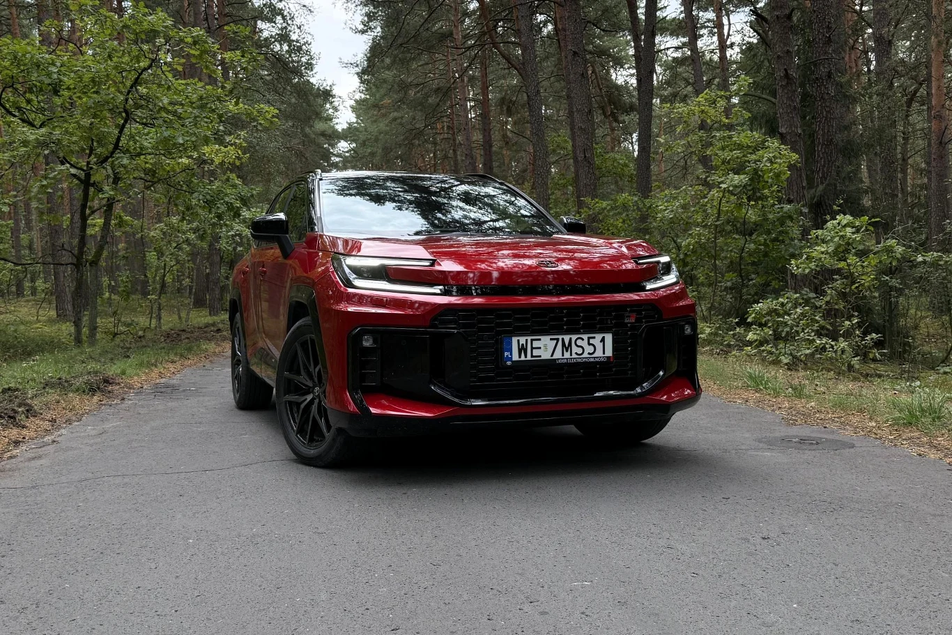 Czerwony SUV zaparkowany na leśnej drodze, otoczony wysokimi drzewami i zielenią.