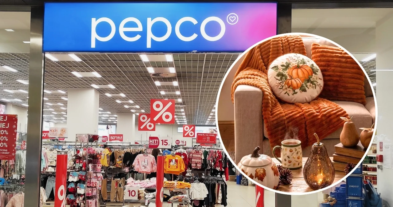 Pepco pokazało nową kolekcję na jesień. Przytulne dodatki do domu już od 5 zł Wejście do sklepu Pepco z oznaczeniami promocji i jesiennymi dekoracjami: koc, poduszka z dynią, świece, figurki.