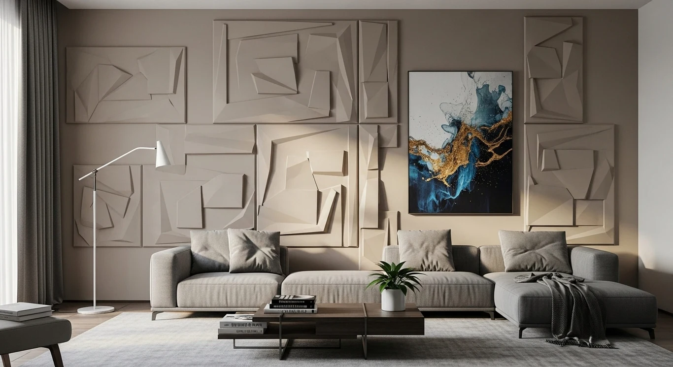 Koniec z popularnością lameli. Te trendy w 2026 roku biją je na głowę Salon z geometryczną dekoracją ścienną, dużą szarą kanapą, stolikiem kawowym i abstrakcyjnym obrazem.