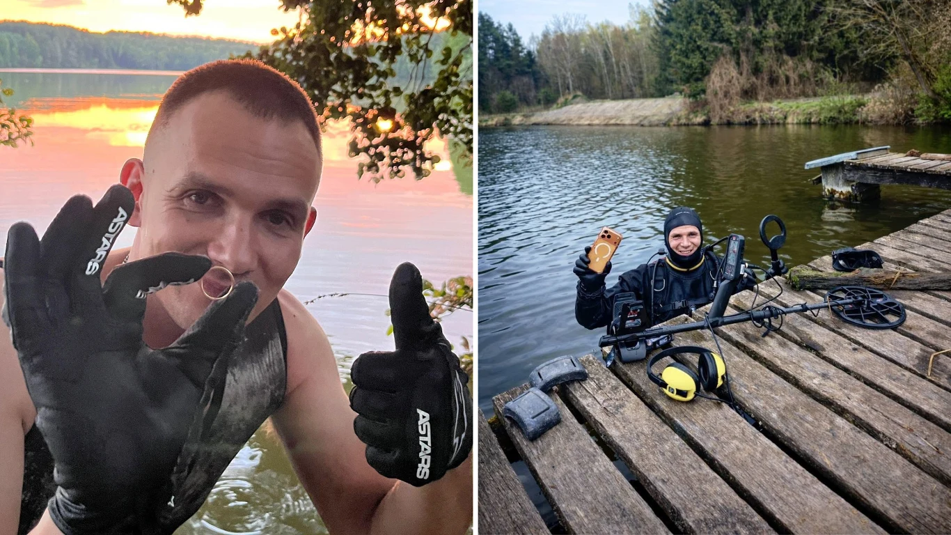 Najczęściej Marcin nurkuje po obrączki i zagubione telefony Mężczyzna w rękawiczkach prezentuje znaleziony pierścionek nad brzegiem jeziora, obok drugi mężczyzna w stroju płetwonurka z wykrywaczem metali, trzymający monetę na pomoście przy wodzie.