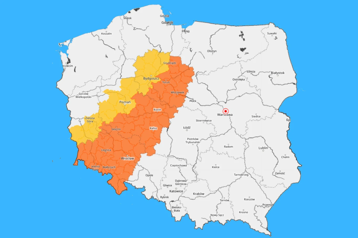 Mapa Polski z zachodnią i centralną częścią kraju pokrytą obszarami oznaczonymi kolorem pomarańczowym i żółtym, symbolizującymi różne stopnie ostrzeżeń meteorologicznych, z wyraźnie zaznaczonymi granicami województw oraz miastem Warszawa jako punktem o...