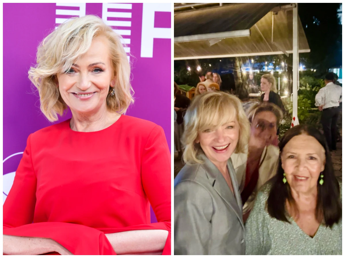 Katarzyna Żak, fot. https://www.instagram.com/katarzynazak.official/ Uśmiechnięta kobieta w eleganckiej, czerwonej sukience w połączeniu z ujęciem grupowym kilku osób podczas wieczornego spotkania w plenerze, gdzie dominują pogodne twarze i swobodna atmosfera.