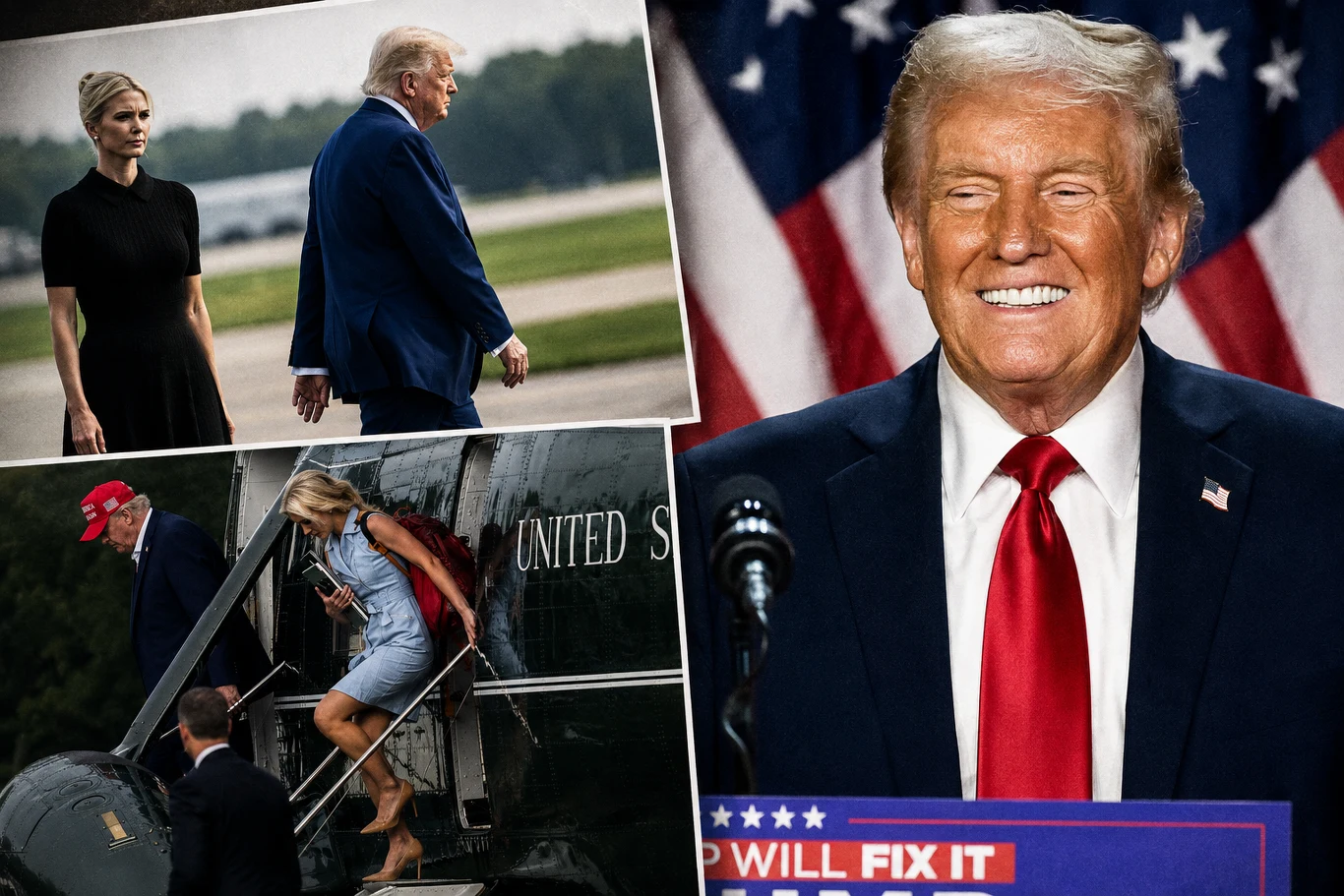 Donald Trump i Natalie Harp Kolaż zdjęć przedstawiający Donalda Trumpa i jego bliską współpracowniczkę Natalie Harp podczas kilku wspólnych wydarzeń.