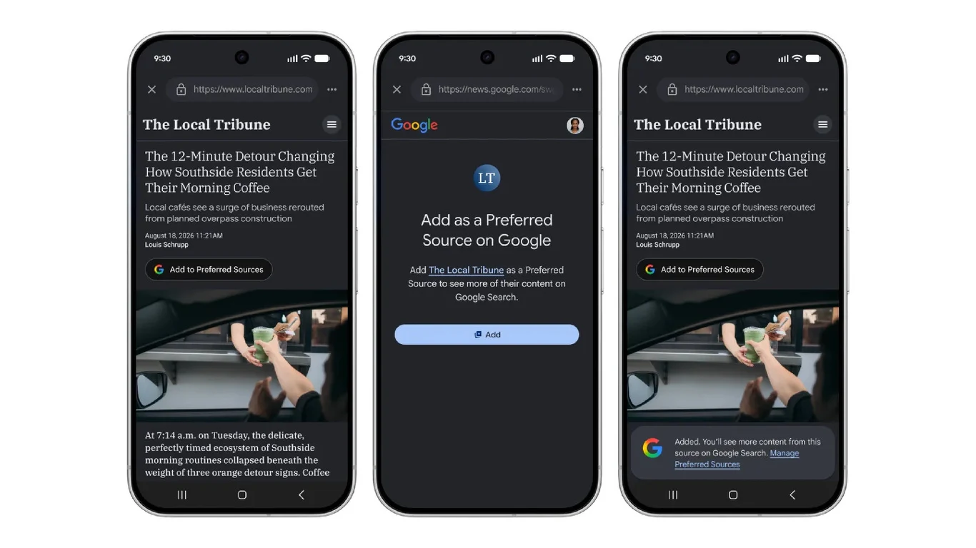 Preferowane źródła w Google Trzy smartfony wyświetlające artykuł prasowy oraz komunikat na temat dodania lokalnego źródła wiadomości w usłudze Google, widoczna miniatura przedstawiająca osobę w samochodzie z kubkiem kawy.