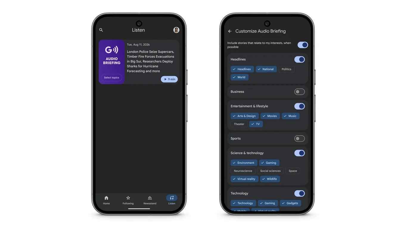 Personalizacja skrótów audio w Google News Dwa smartfony z wyświetlonymi ekranami aplikacji: na pierwszym widoczna sekcja z nagłówkiem audio briefingu, na drugim szczegółowe ustawienia personalizacji treści, z włączonymi przełącznikami tematycznymi i listą kategorii informacji.