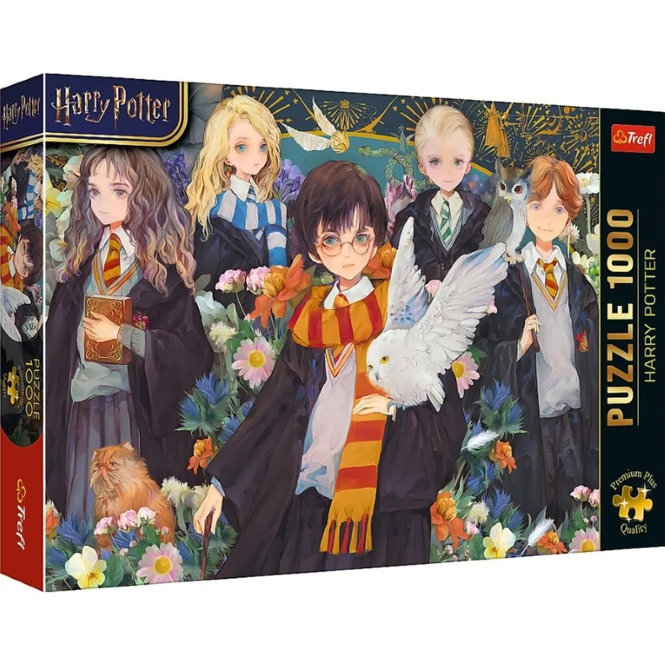 Puzzle Harry Potter za 49,99 zł Pięcioro młodych czarodziejów w szkolnych szatach z kolorowymi szalikami, pośrodku chłopiec z okrągłymi okularami i szalikiem w pasy, na jego ramieniu siedzi biała sowa, w tle kwitnące rośliny i magiczne akcenty.