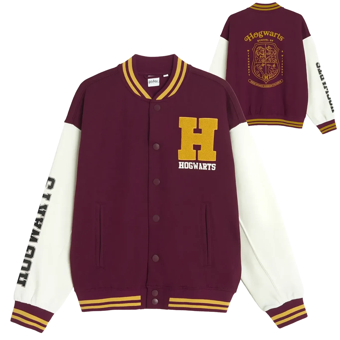 Bluza bejsbolówka bordowa, Harry Potter za 99,99 zł Bordowo-biała kurtka typu varsity z żółtymi akcentami, dużą literą „H” oraz napisem „Hogwarts” na piersi, logiem i nazwą szkoły na plecach, a także czarnym napisem „Hogwarts” na rękawie.