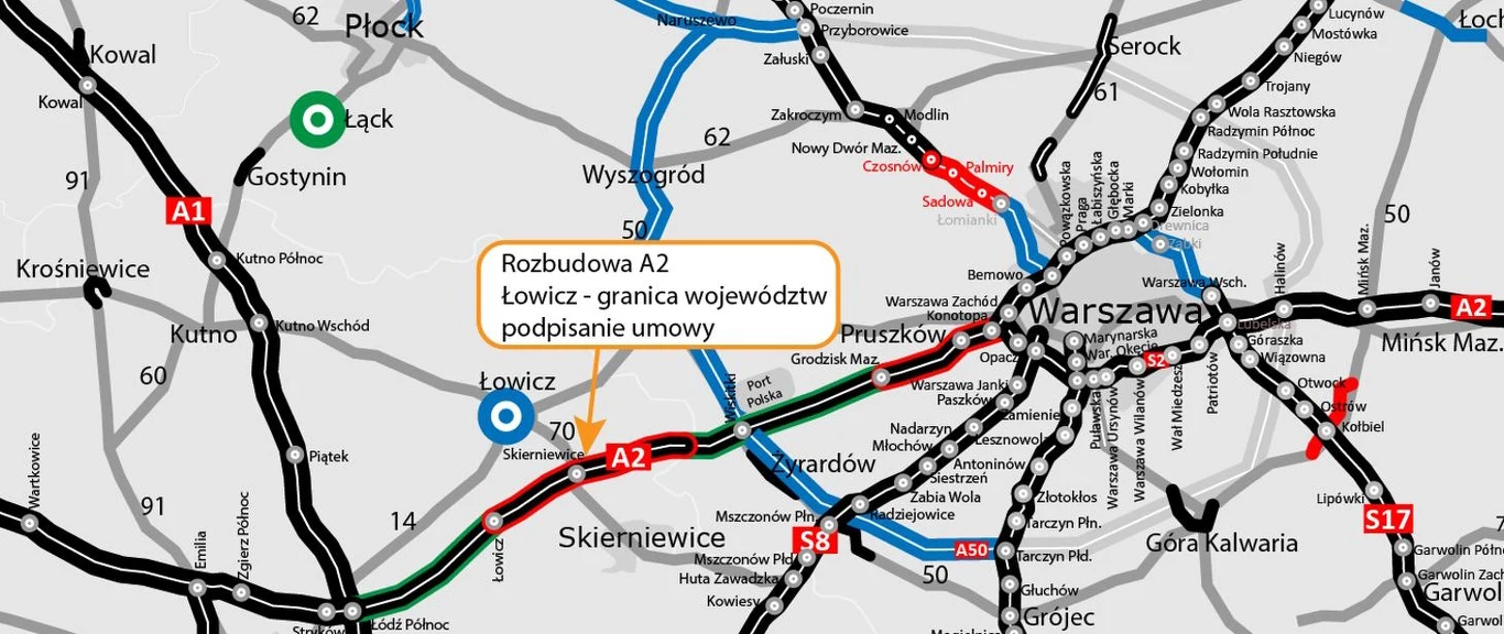 Mapa drogowa centralnej Polski z wyróżnioną trasą autostrady A2 na odcinku Łowicz – granica województw, zaznaczeniem miejscowości oraz informacją o podpisaniu umowy na rozbudowę tego fragmentu drogi.
