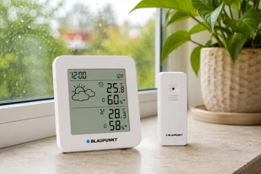 Biała stacja pogodowa Blaupunkt z czujnikiem zewnętrznym na parapecie, na wyświetlaczu temperatura i wilgotność w domu i na zewnątrz 