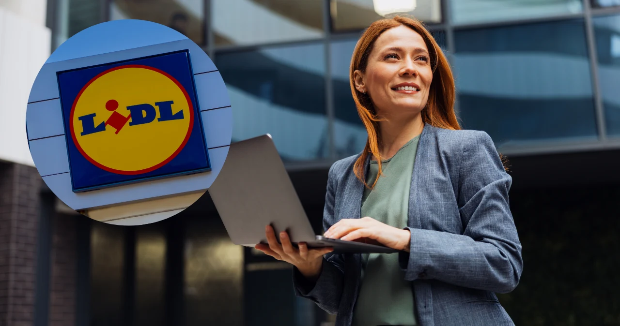 Lidl ubiera do biura za grosze. Od jutra eleganckie ubrania już od 15,99 zł Kobieta w garniturze z laptopem, logo Lidl, nowoczesny budynek w tle, promocja ubrań biurowych.