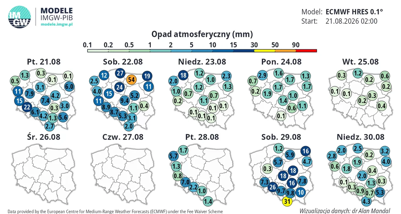 Opady atmosferyczne (mm) pod koniec wakacji Mapy Polski z prognozą opadów atmosferycznych na kolejne dni sierpnia, z największymi sumami opadów w północno-zachodniej części kraju 22 i 29 sierpnia, pozostałe dni z niewielkim rozproszeniem opadów lub ich brakiem.