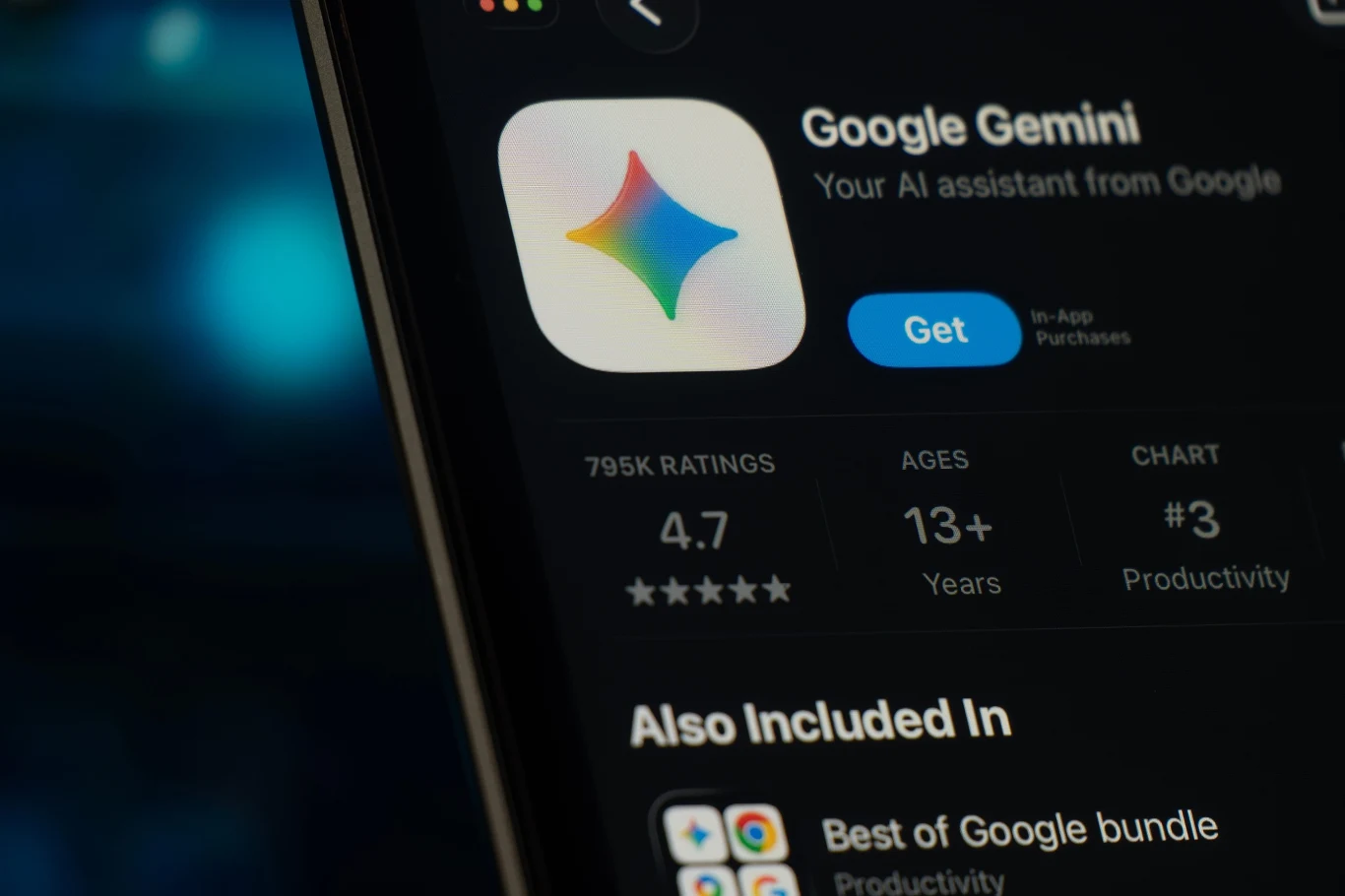 Jak wyłączyć Gemini w telefonie? To coraz trudniejsze, ale możliwe Ekran aplikacji Google Gemini w sklepie z aplikacjami, ikonka, ocena 4.7 oraz przycisk pobierania.