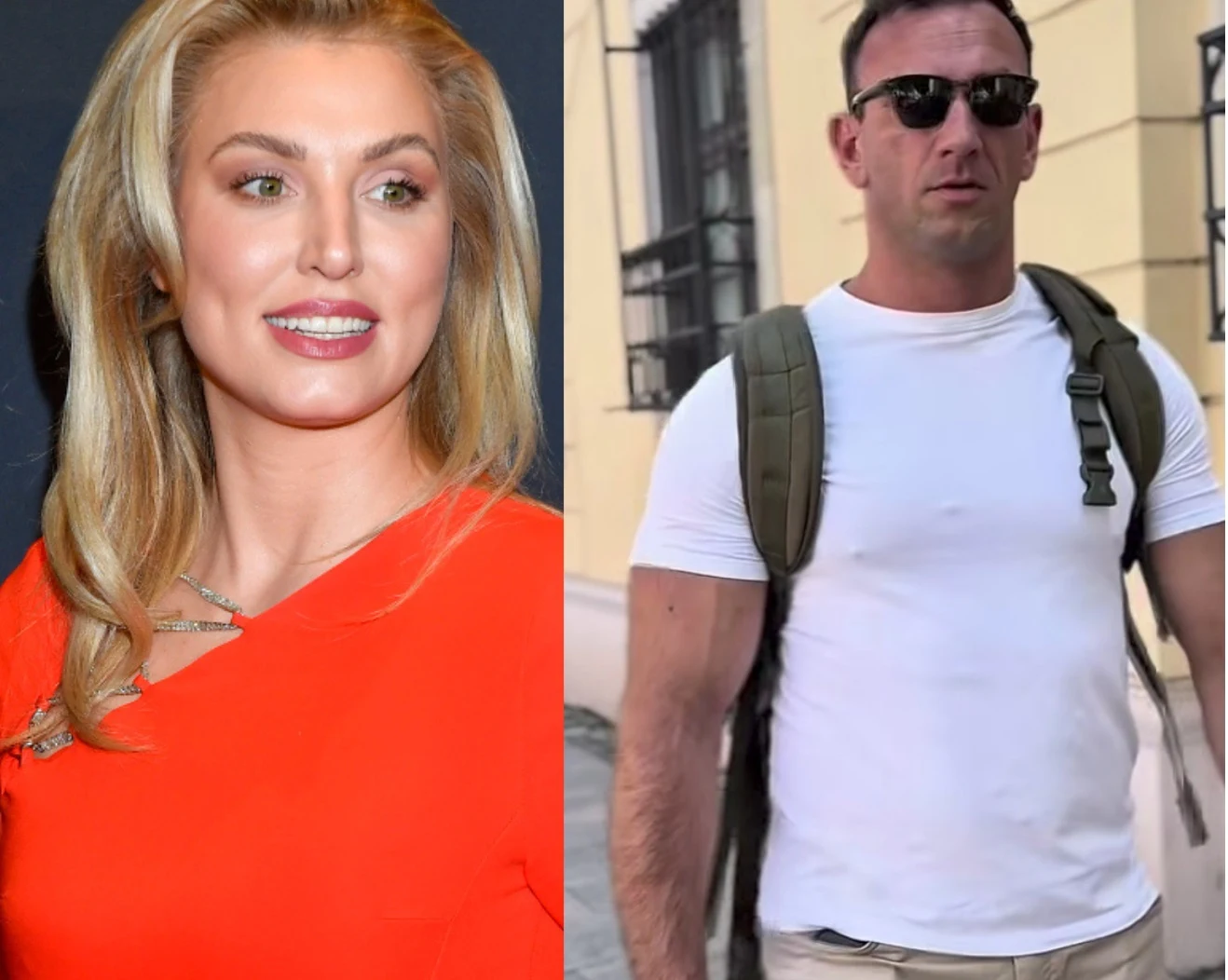 Partner Karoliny Pajączkowksiej porównał się do Daniela Craiga/ Instagram:@tomektommie i @karolina_pajaczkowska Kobieta w pomarańczowej sukience z rozpuszczonymi blond włosami i mężczyzna w białej koszulce z plecakiem i okularami przeciwsłonecznymi, stojący na tle budynku.