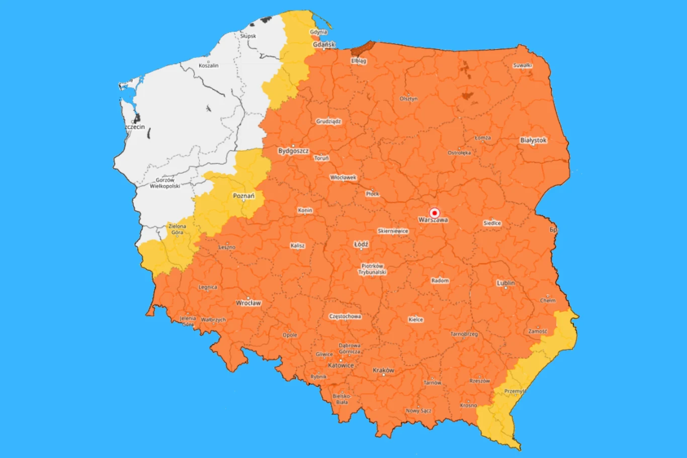 Mapa Polski z podziałem na województwa oznaczone różnymi kolorami: większość kraju zaznaczona na pomarańczowo, pas przy zachodniej i północnej granicy w kolorze żółtym, a fragment północno-zachodniej Polski w kolorze białym.