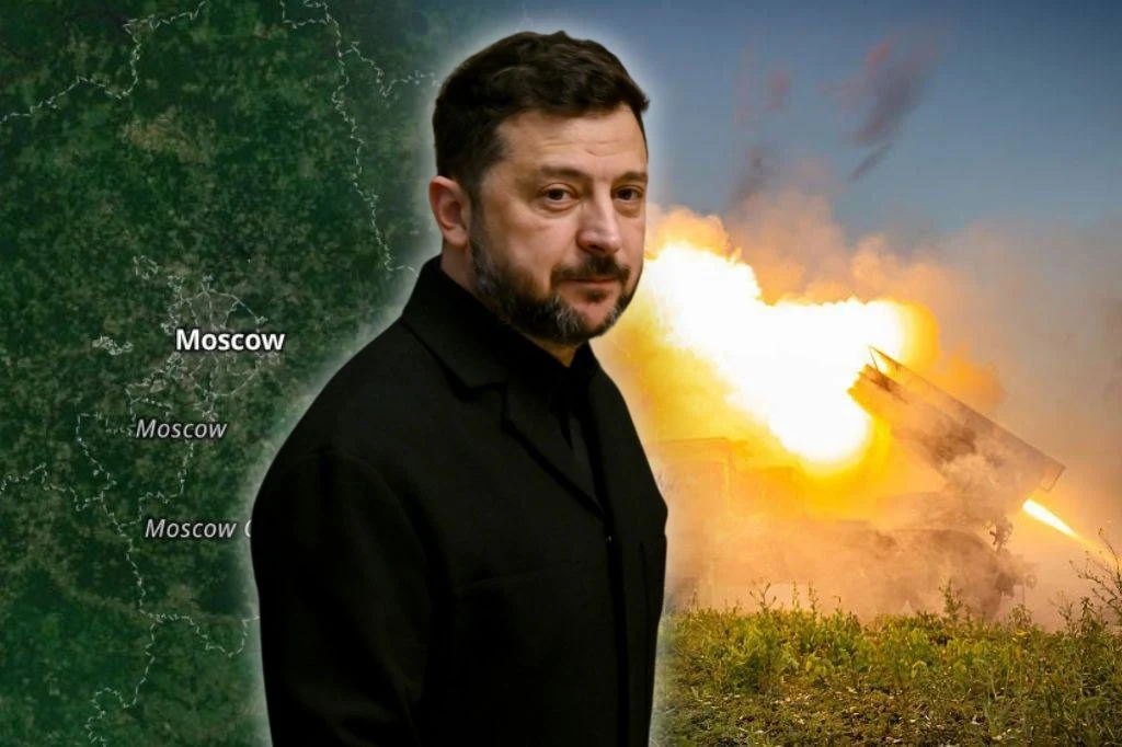 Wojna na Ukrainie. Media o tajnym planie Kijowa. Na celowniku elity Rosji Prezydent Ukrainy Wołodymyr Zełenski na tle mapy Rosji z widoczną Moskwą i startu ukraińskiego pocisku.