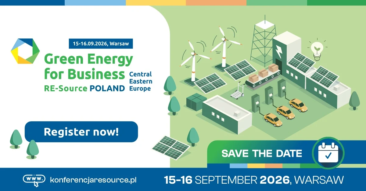 PSEW Nowoczesna infrastruktura energii odnawialnej z turbinami wiatrowymi, panelami słonecznymi oraz stacją ładowania samochodów elektrycznych, opatrzona informacjami o konferencji dotyczącej zielonej energii dla biznesu w Warszawie.
