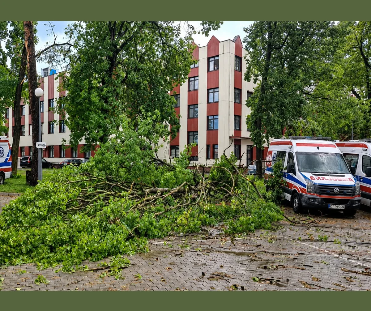 Złamane drzewo blokujące drogę na parkingu przed budynkiem szpitala, obok stoją zaparkowane karetki pogotowia.