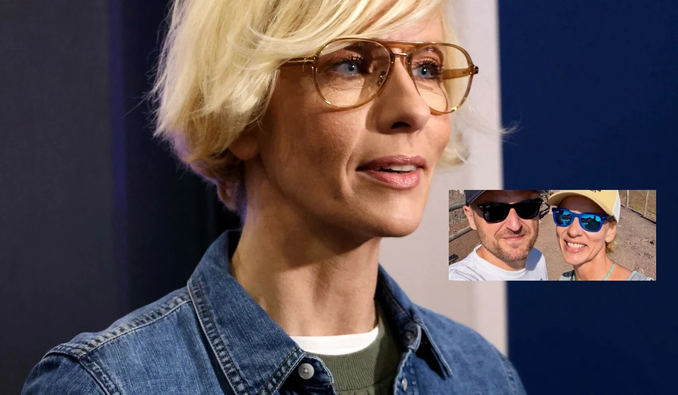 Kobieta z krótkimi blond włosami i okularami w jasnych oprawkach, ubrana w jeansową kurtkę, obok wstawka z uśmiechniętą parą w okularach przeciwsłonecznych.