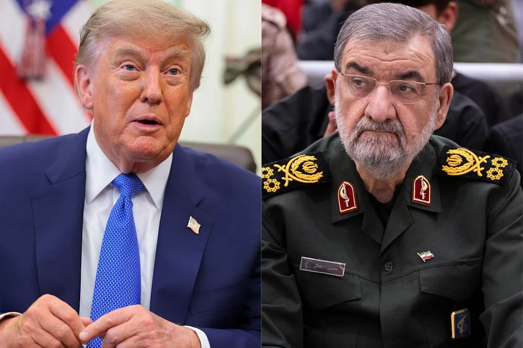Sekretarz Najwyższej Rady Bezpieczeństwa Iranu Mohsen Rezai odpowiedział na groźby Donalda Trumpa Po lewej Donald Trump w garniturze, po prawej Mohsen Rezai w mundurze wojskowym z odznaczeniami.