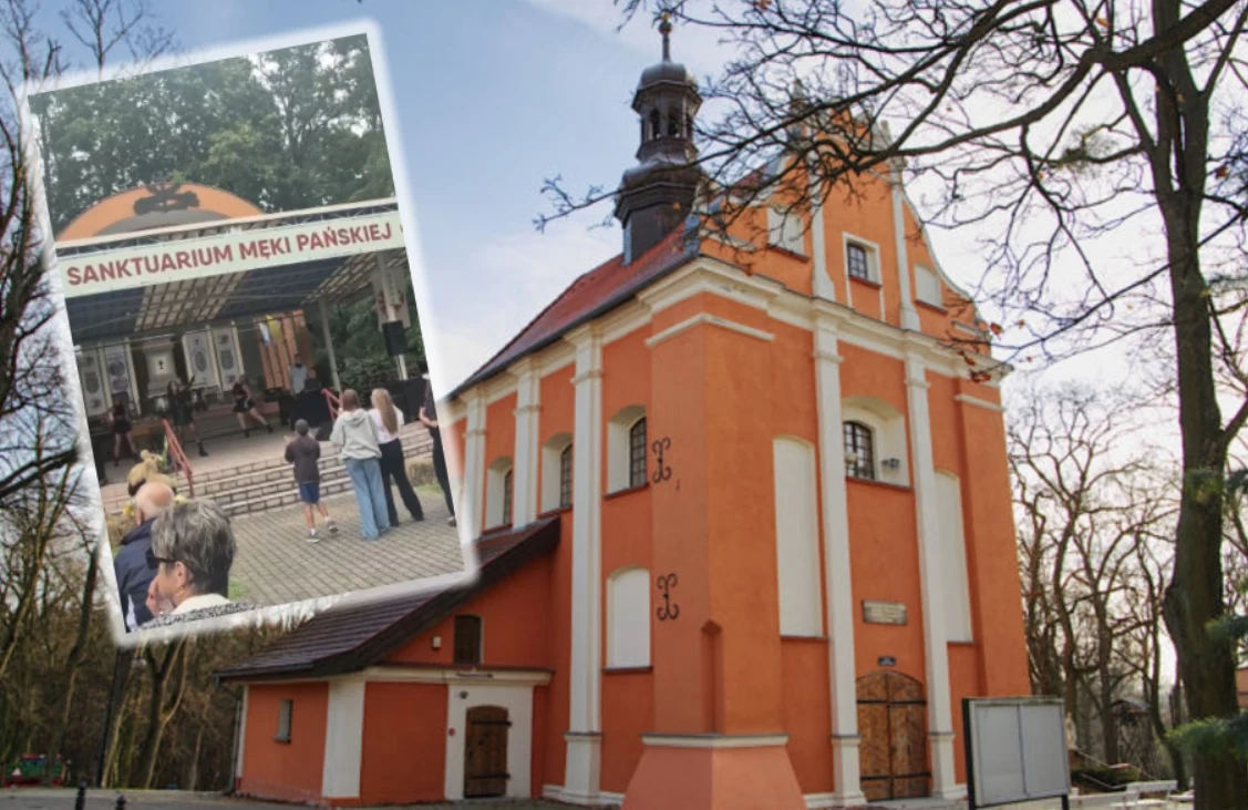Kościół Ukrzyżowania Pana Jezusa i Matki Bożej Bolesnej w Pakości. W ramce zrzut ekranu z z kontrowersyjnego występu Kościół Ukrzyżowanie Pana Jezusa i Matki Bożej Bolesnej w Pakości