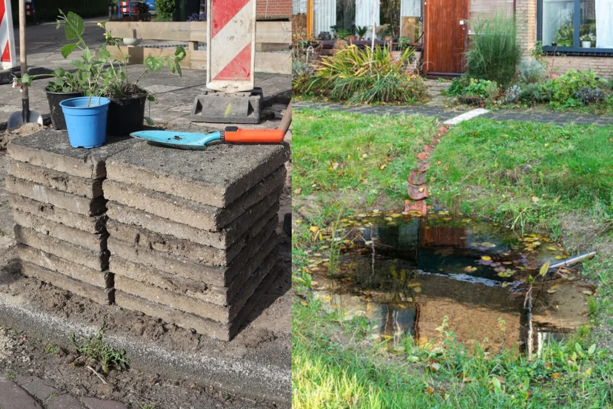 Sterta betonowych płyt chodnikowych obok narzędzi ogrodniczych i doniczek z sadzonkami oraz mały ogródek z oczkiem wodnym i roślinami otaczającymi zbiornik.