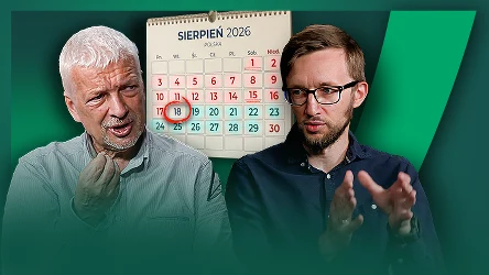 Dwaj mężczyźni w trakcie rozmowy na tle kalendarza ustawionego na sierpień 2026 z wyróżnioną datą 18.08.