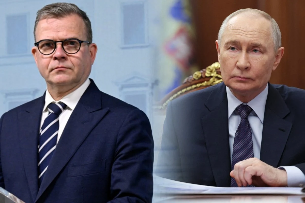 Finlandia: Premier Petteri Orpo (z lewej) ocenił, że Rosja będzie dążyć do eskalacji poprzez ataki sabotażowe Premier Finlandii Petteri Orpo stojący obok Władimira Putina w garniturach na tle wnętrza i budynku.