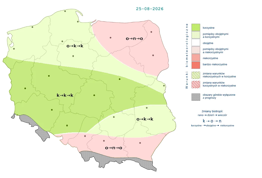Mapa Polski z podziałem na strefy korzystnych i niekorzystnych warunków biometeorologicznych dla określonej daty, oznaczonych kolorami zielonym i różowym oraz symbolami ilustrującymi typowe zmiany biologiczne i warunki pogodowe w różnych regionach.