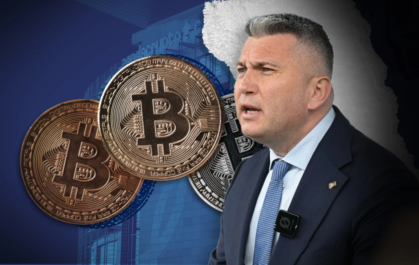 Szef Polskiego Komitetu Olimpijskiego, Radosław Piesiewicz i afera Zondacrypto | Grafika: Magdalena Piasecka Radosław Piesiewicz w garniturze z mikrofonem, na tle monet bitcoin, grafika Magdaleny Piaseckiej.