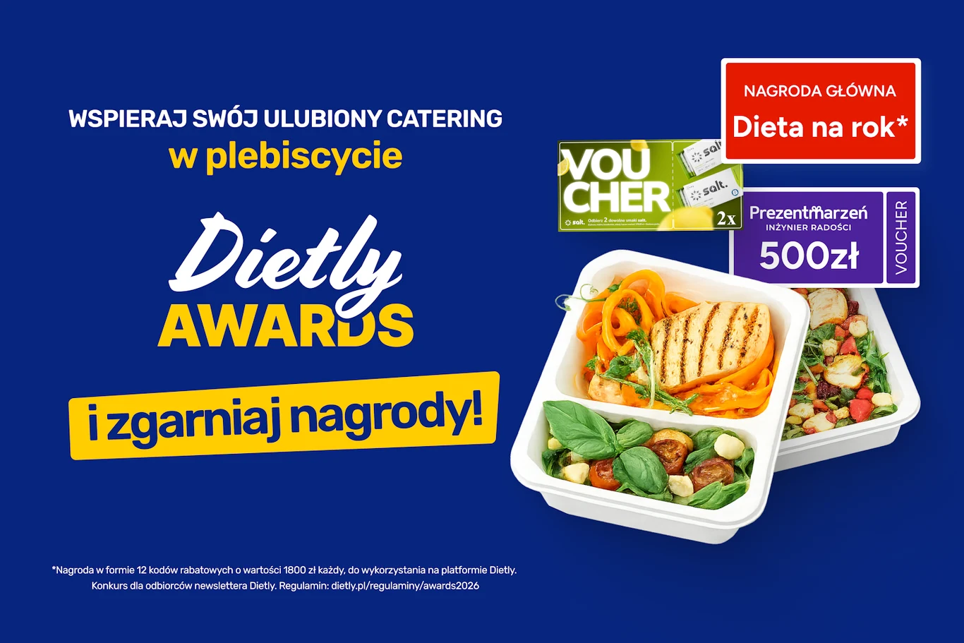Kolorowa kompozycja z zestawem dietetycznych posiłków w pojemniku, obok wyraźnie oznaczone informacje o konkursie Dietly Awards i nagrodach, takich jak dieta na rok oraz voucher o wartości 500 zł.
