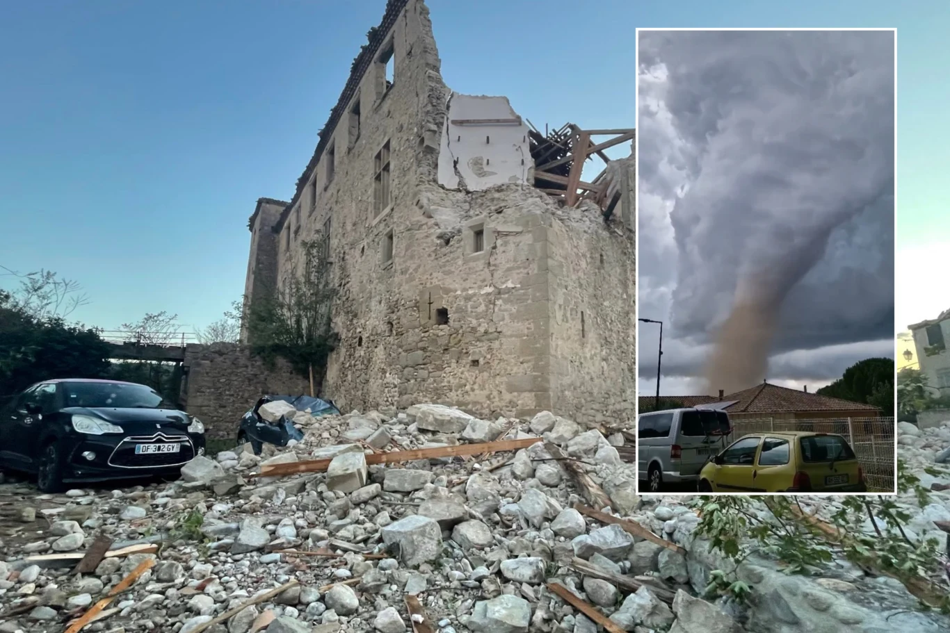 Skutki uderzenia tornado w wieś Pomas na południu Francji. Kilkadziesiąt osób zostało rannych Uszkodzona przez tornado wieś Pomas na południu Francji. Zniszczona została jedna trzecia tysiącletniego zamku