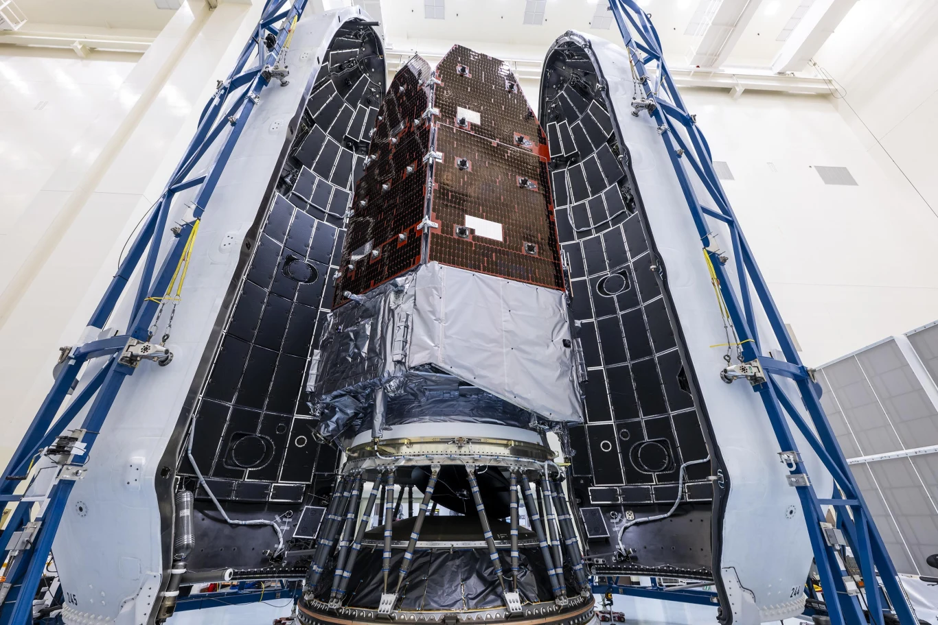 Kosmiczny Teleskop Nancy Grace Roman gotowy do startu i poleci w kosmos rakietą Falcon Heavy firmy SpaceX. Duży satelita przygotowany do startu w rakiecie, otoczony segmentami osłony aerodynamicznej podtrzymywanymi przez stalowe konstrukcje wsporcze w jasnym, przestronnym pomieszczeniu technicznym.