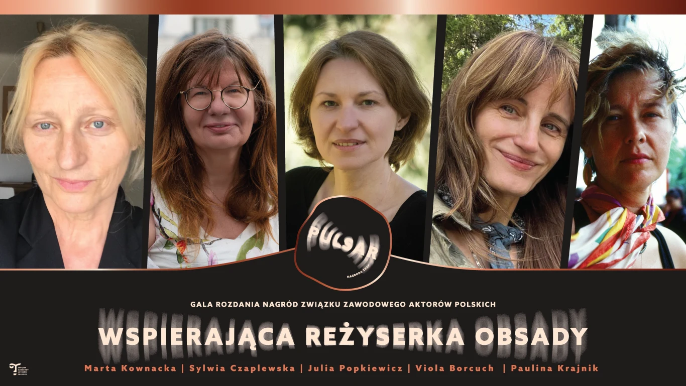 Nominowane reżyserki obsady / grafiki: Anastazja Pazura Pięć kobiet ujętych w portretach, na dole pas z napisem wyróżniającym kategorię nagrody za wspierającą reżyserkę obsady oraz wymienione nazwiska nominowanych.