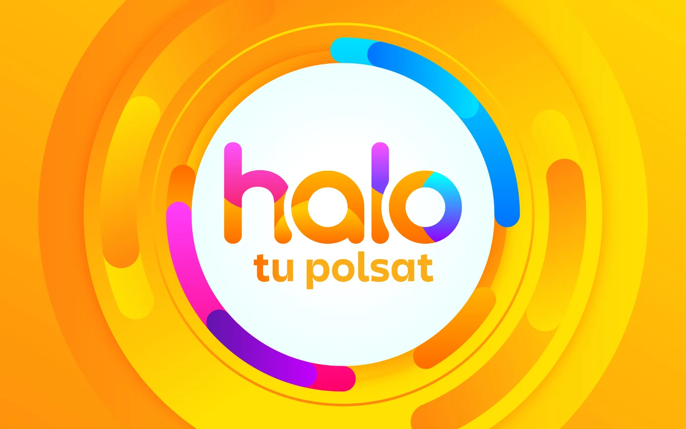 Nowy sezon "halo tu polsat" Logo programu "halo tu polsat" w kolorowej typografii na białym tle z okrągłymi wzorami w żółci, pomarańczu, fiolecie i błękicie.