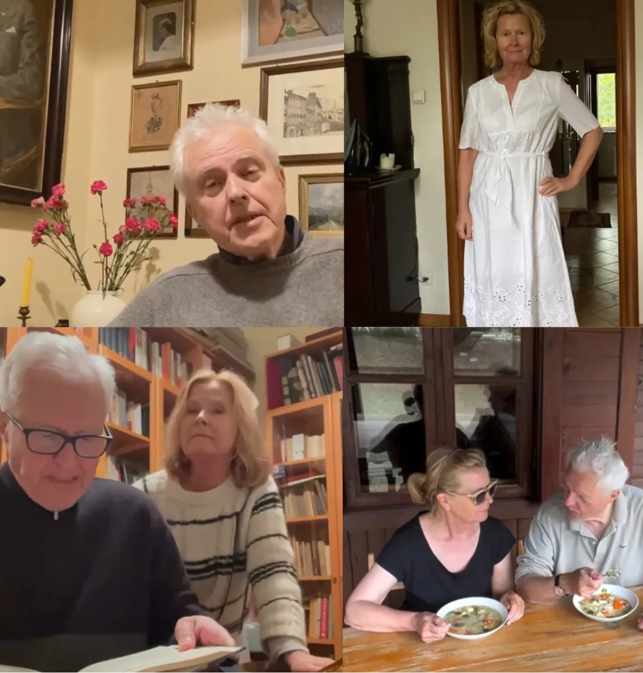 Barbara Bursztynowicz pokazała swój dom/Instagram:@basia_bursztynowicz Cztery kadry przedstawiają parę dojrzałych osób – wspólne czytanie książki w domowej bibliotece, kobieta pozująca w białej sukience, oboje jedzący posiłek na tarasie oraz mężczyznę na tle ściany ozdobionej obrazami i zdjęciami.