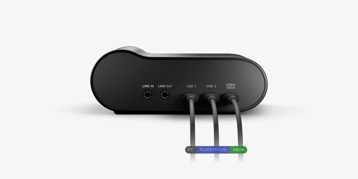 Panel tylni czarnego urządzenia audio z podłączonymi trzema przewodami oznaczonymi jako PC, PlayStation i Xbox oraz portami audio i USB.
