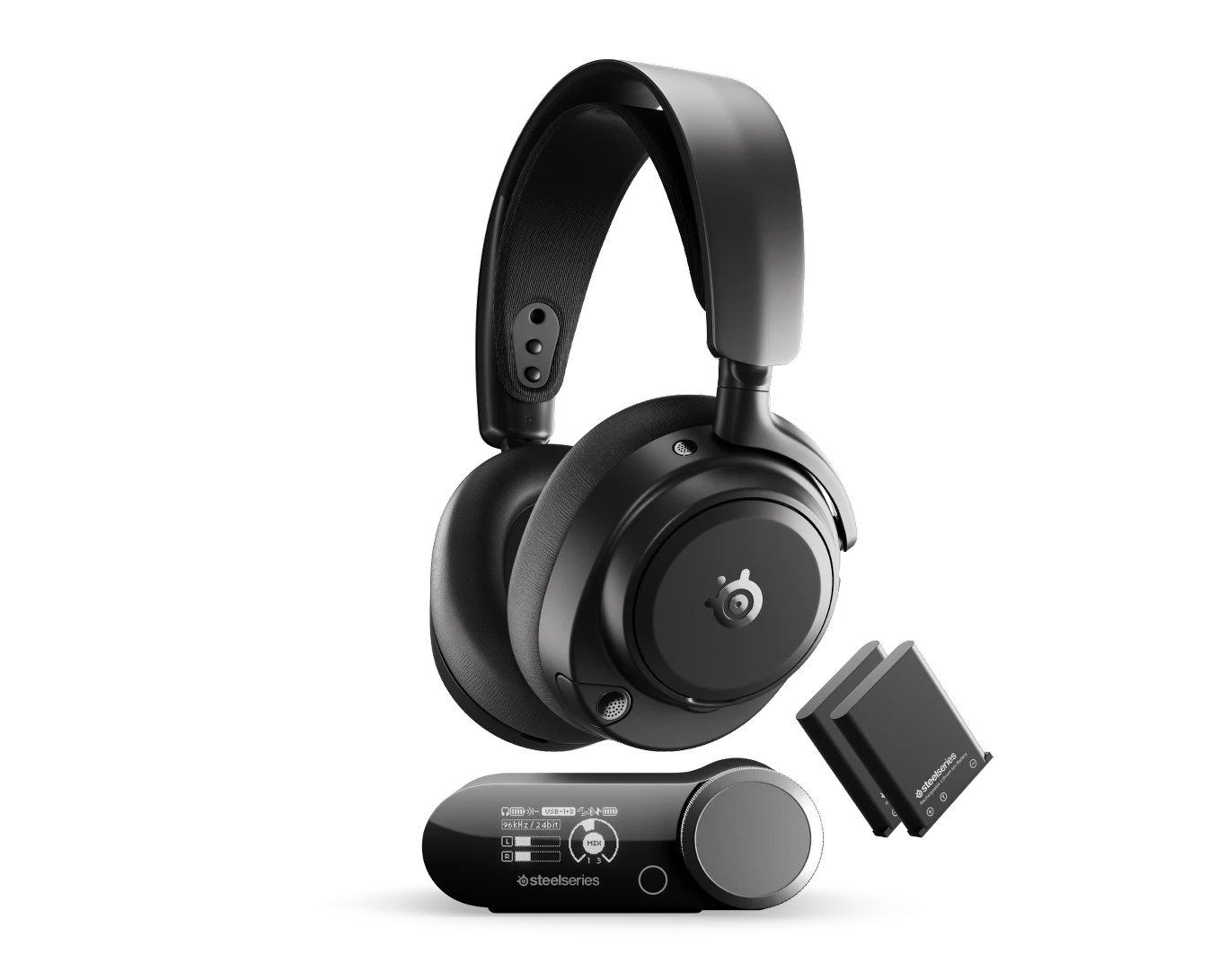 Czarne, bezprzewodowe słuchawki nauszne z miękkim pałąkiem, dwoma wymiennymi bateriami oraz okrągłym panelem sterowania ze wskaźnikiem i pokrętłem SteelSeries.