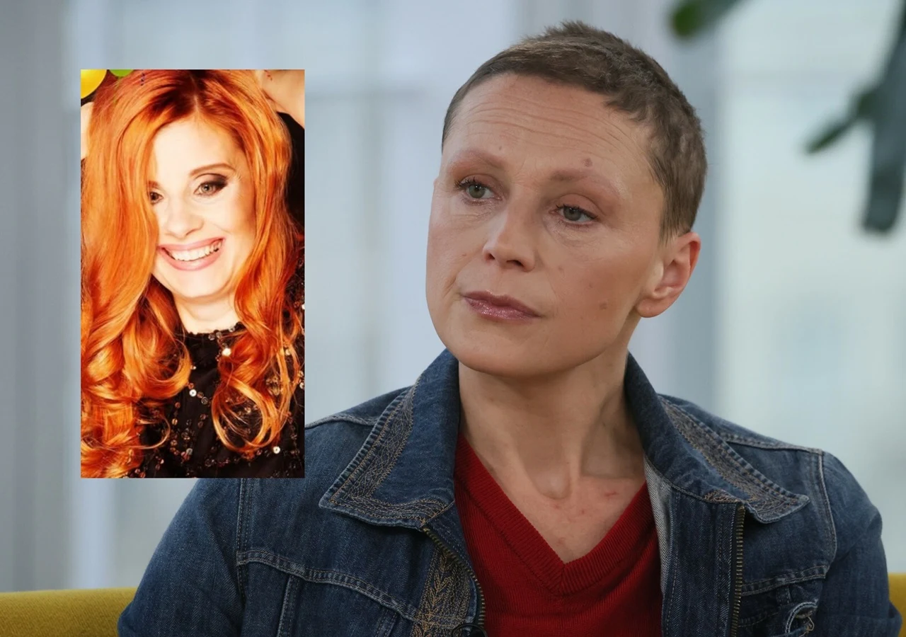 Dorota Osińska, Natalia Sikora Kobieta z krótkimi włosami w dżinsowej kurtce i czerwonym swetrze siedzi na żółtej sofie; po lewej stronie widoczne wstawione zdjęcie uśmiechniętej kobiety o rudych, kręconych włosach.