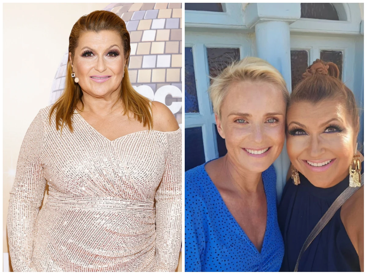 Katarzyna Skrzynecka, Kinga Preis, fot. https://www.instagram.com/katarzyna_skrzynecka_official/ Kobieta w brokatowej, jasnej sukni z jednym odkrytym ramieniem pozuje na ściance, obok ujęcie dwóch uśmiechniętych kobiet robiących selfie, z których jedna ma jasne, krótkie włosy, a druga rude i spięte włosy oraz duże złote kolczyki.