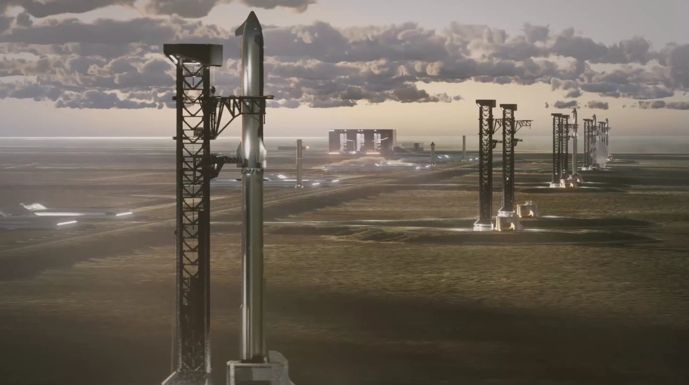 Starship poleci z Luizjany. SpaceX ogłasza przełomową inwestycję. Rakieta Starship na platformie startowej na tle rozległego kosmodromu i infrastruktury SpaceX w Luizjanie