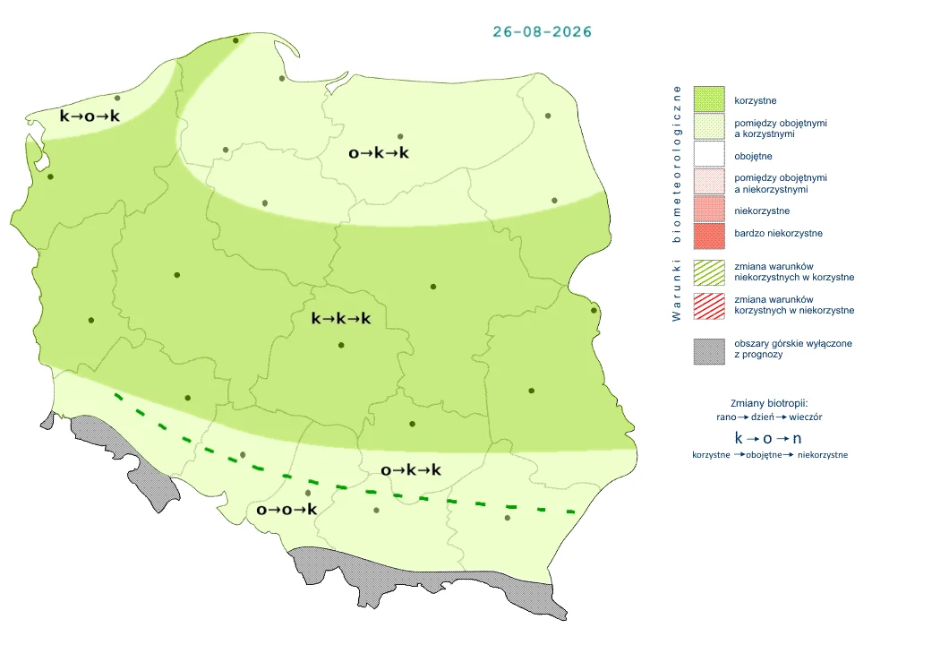 Mapka Polski pokazująca zróżnicowanie warunków biometeorologicznych z podziałem na strefy korzystne, obojętne oraz niekorzystne, z oznaczeniami granic tych stref, symbolami typów zmian biologicznych oraz legendą po prawej stronie wyjaśniającą znaczenie...