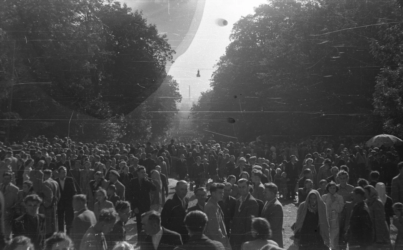 Na Jasną Górę ciągnęły tłumy pielgrzymów Tłum ludzi zgromadzony na szerokiej alejce wśród drzew, osoby w różnym wieku, większość ubrana w ciemne płaszcze; w tle gęsta zieleń i delikatne światło zza konarów.
