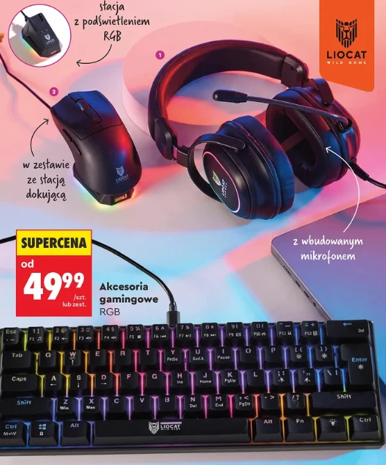 Klawiatura, mysz i słuchawki od 49,99 zł Czarne słuchawki z wbudowanym mikrofonem, myszka komputerowa z podświetleniem RGB oraz klawiatura RGB marki Liocat, zaprezentowane jako zestaw akcesoriów gamingowych.