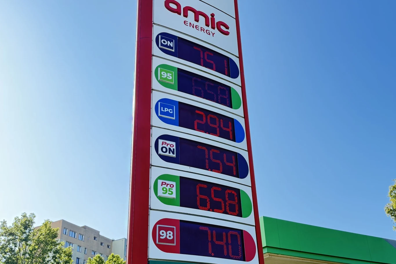 Ceny paliw na Amic Energy. Cennik paliw na stacji Amic Energy z wyraźnymi cenami różnych rodzajów paliw, wyświetlany na wysokim, elektronicznym pylonie, z fragmentem zielonego dachu stacji w prawym dolnym rogu.