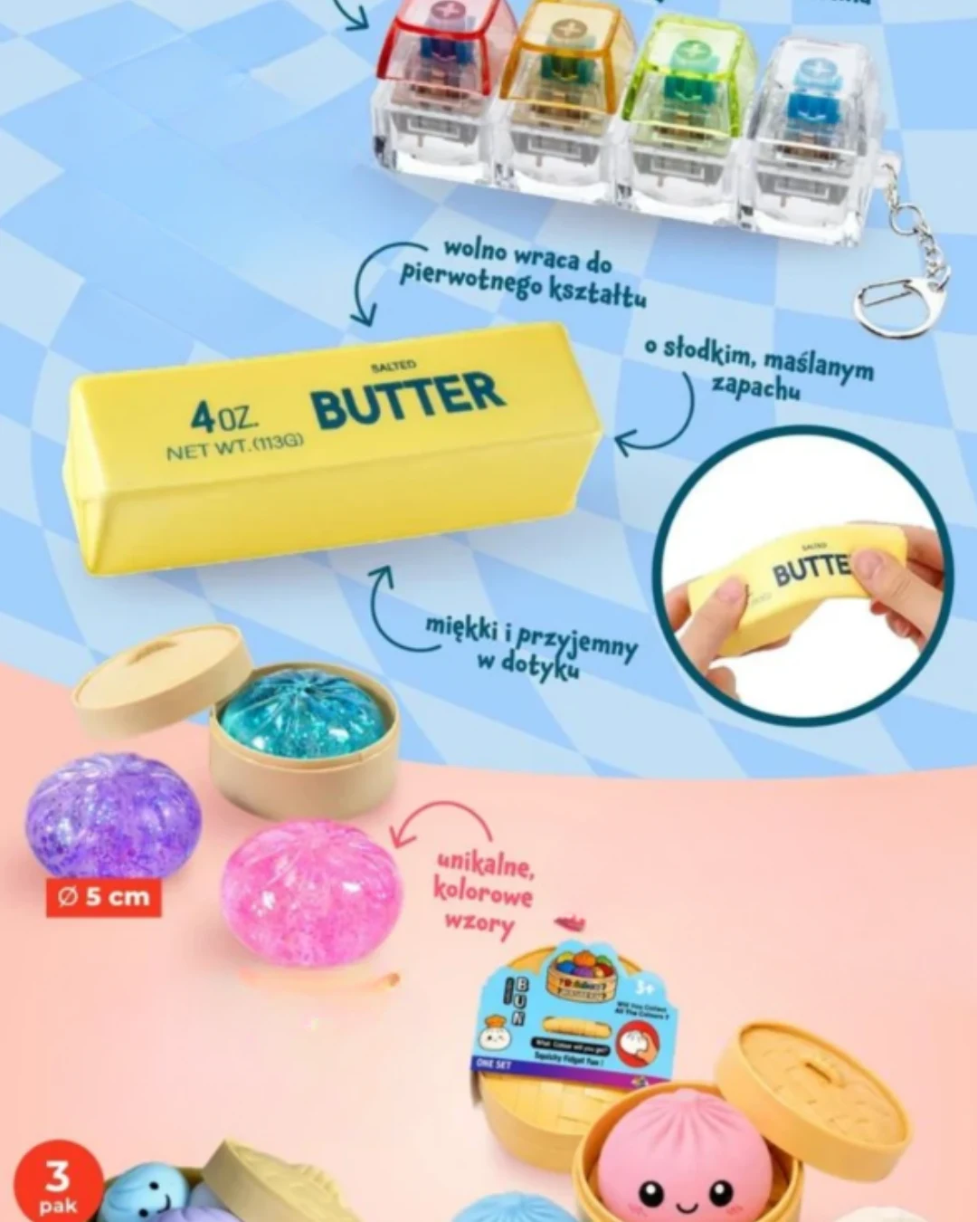Zestaw czterech miniaturowych pieczątek z kolorowym tuszem, opakowanie przypominające masło oraz trzy kuliste squishy w unikatowych, kolorowych wzorach zamknięte w okrągłych pudełkach.