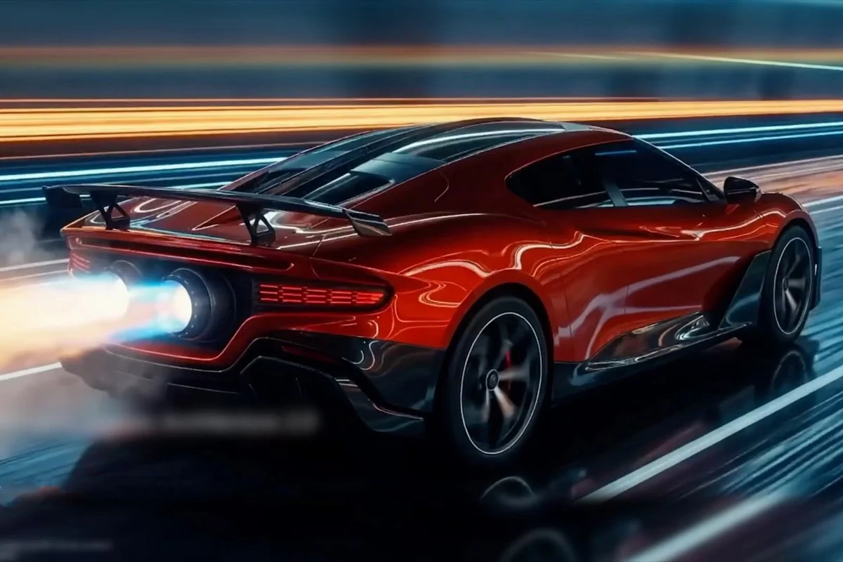 Tak według materiałów Dreame miała wyglądać Nebula NEXT 01 JET Edition. Rakietowe wspomaganie miało zapewniać przyspieszenie do 100 km/h w 0,9 s, ale projekt nie wyszedł poza etap koncepcji. Czerwony hipersamochód Nebula NEXT 01 JET Edition z rakietowym wydechem na oświetlonej drodze