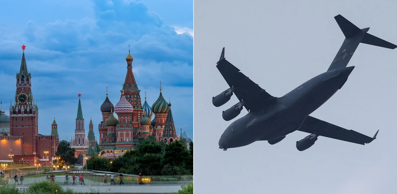 Do ataków na Moskwę miało dojść kilka godzin po wylocie z Rosji szefa CIA Po lewej panorama Kremla, po prawej samolot Boeing C-17 Globemaster III, którym leciał John Ratcliffe.