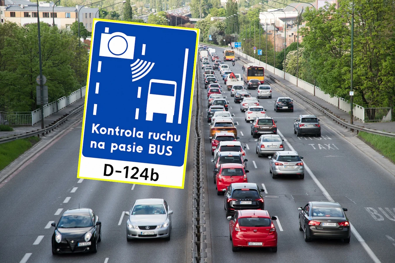 Nowy znak może też pojawić się na buspasach Ruchliwa dwupasmowa ulica z wyznaczonym pasem dla autobusów oraz widocznym znakiem informującym o kontroli ruchu na pasie BUS.